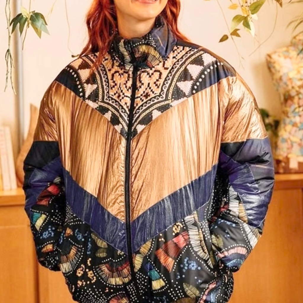 Farm Rio Nwt Borogodo Reversible Metallic Quilted Patchwork Puffer Coat Jacket